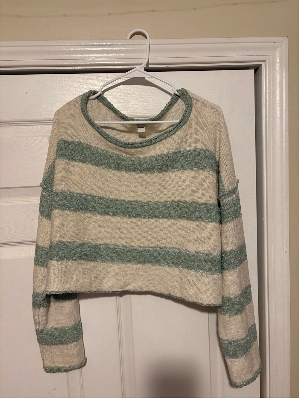 Off-the-Shoulder Cropped Striped Sweater - Cream & Sage